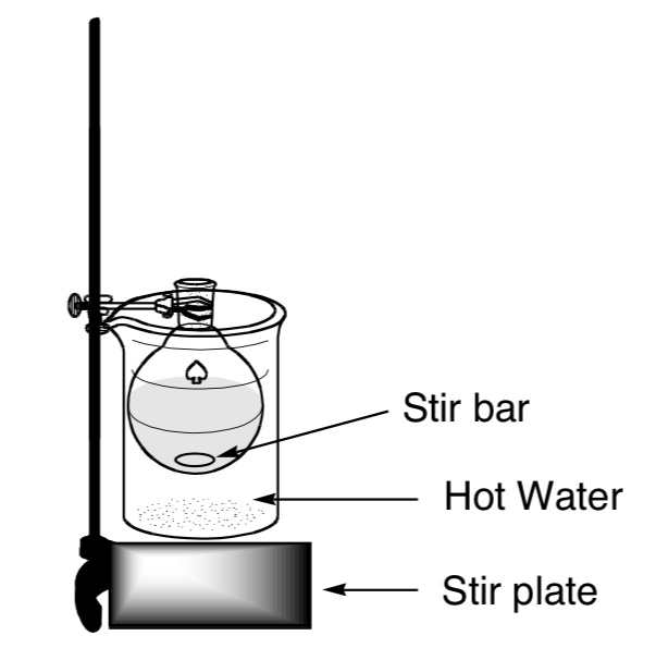 Reaction assembly, round bottom flask clamped into a water bath over a stir plate